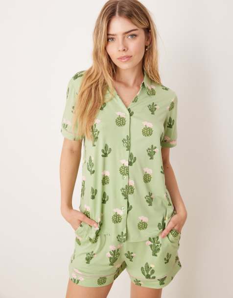 Chelsea Peers - Set van polyester met overhemd met korte mouwen, reverskraag en short met cactusprint - view 1