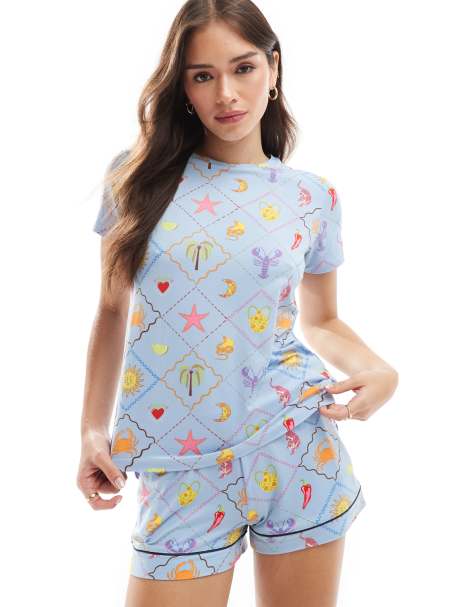 Chelsea Peers - Set van T-shirt en short met mozaïekprint in blauw - view 1