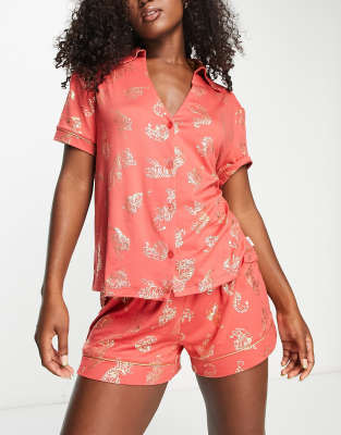 Chelsea Peers shirt and short foil pajama set in red and gold tiger print