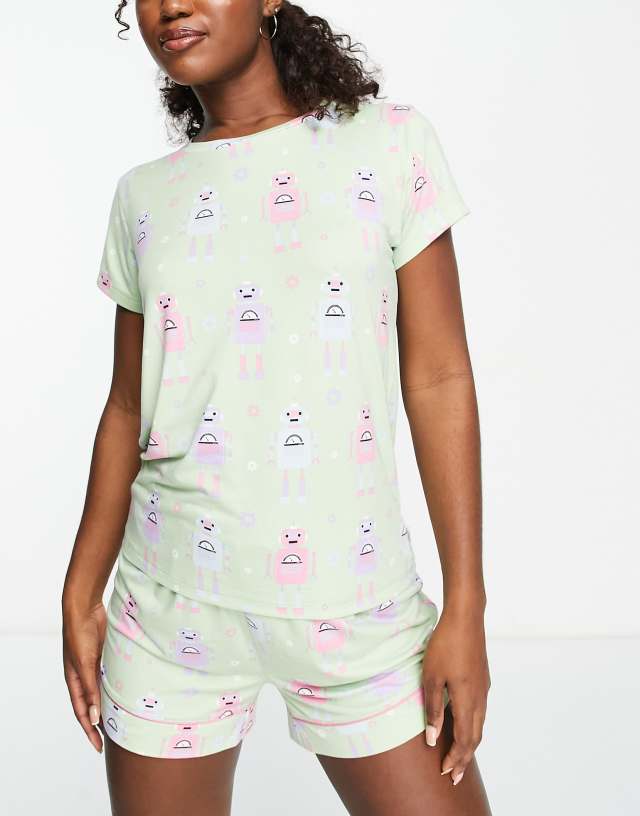 Chelsea Peers short pajama set in light green robot print