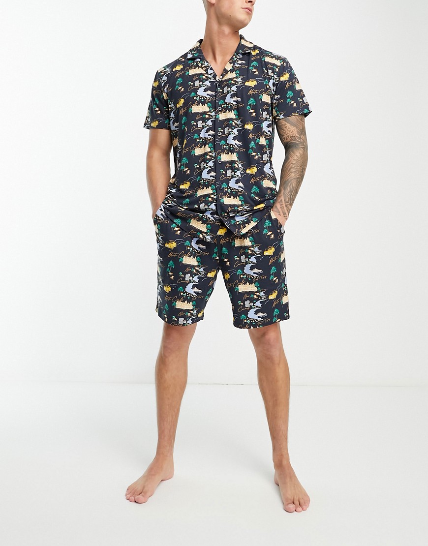 short pajama set in navy landscape print