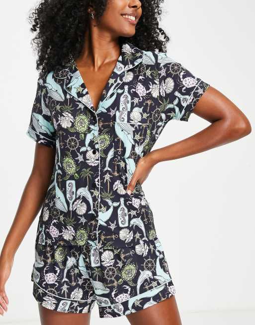 Chelsea Peers short pyjama set in navy ocean print