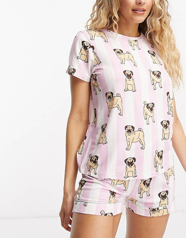 Chelsea Peers - short pyjama set in pink and white pug stripe