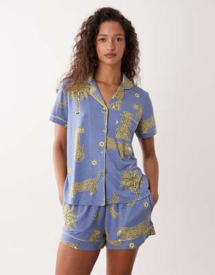 Chelsea Peers Short Sleeve Jersey Camp Collar Shirt And Shorts Pajama Set With Leopard Print In Blue