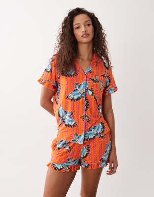 Chelsea Peers Short Sleeve Jersey Camp Collar Shirt And Shorts Pajama Set With Ruffle Trim In Multi