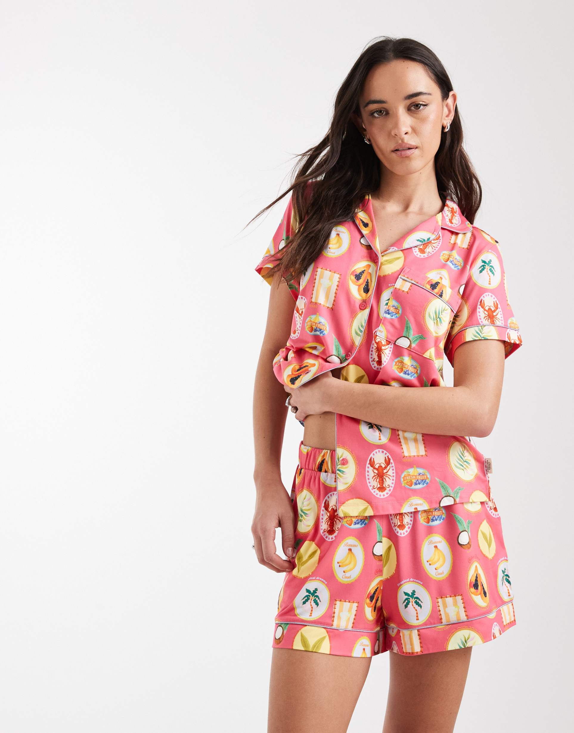 chelsea peers short sleeve jersey camp collar shirt and shorts set in multi tropical print