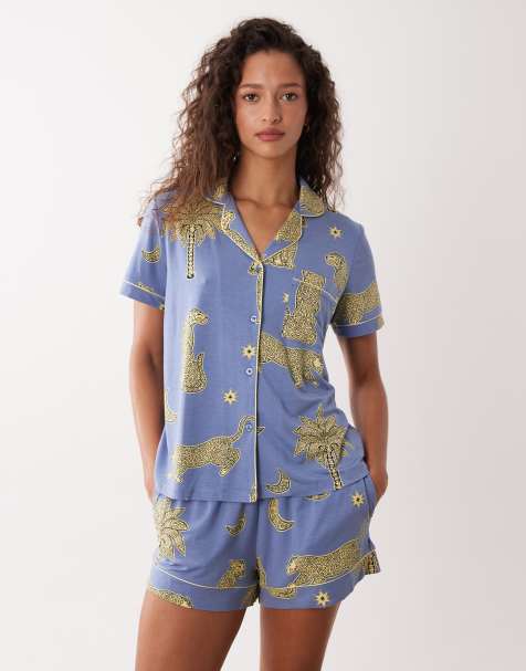 Chelsea Peers short sleeve jersey revere and short set with leopard print in blue - view 1