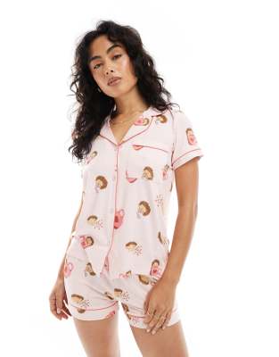 Chelsea Peers Chelsea Peers short sleeve revere and short pyjama set in hedgehog print-Pink