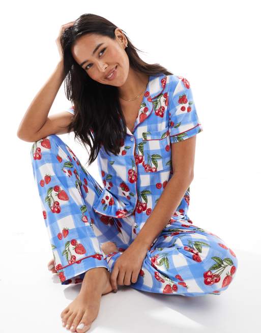 Chelsea Peers short sleeve revere shirt and pants pyjama set in berry picnic blanket print