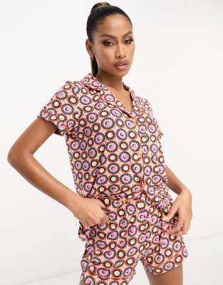 Chelsea Peers short sleeve revere top and short set in multi