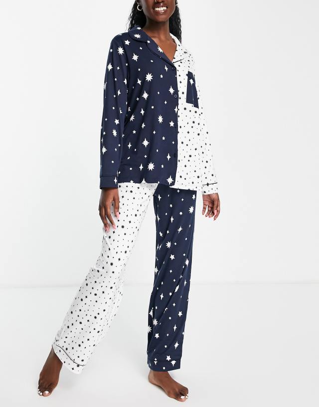 Chelsea Peers spliced button through long pajamas in sparkly star print