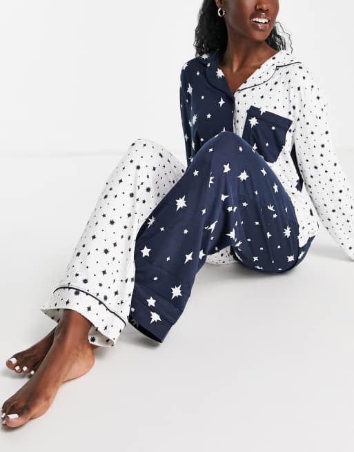 Chelsea Peers spliced button through long pajamas in sparkly star print