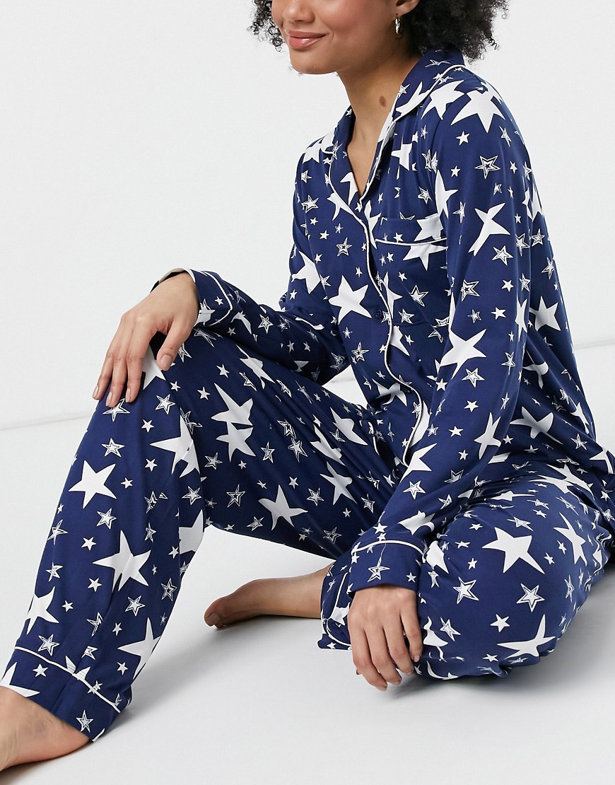 Chelsea Peers star print shirt and pants pajama set in black and white