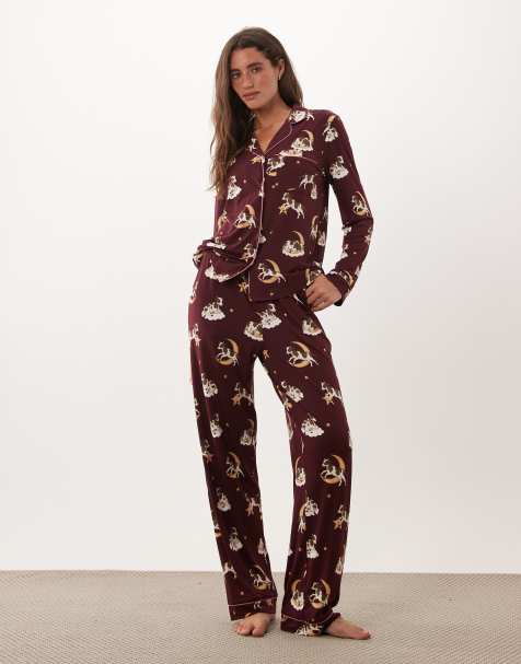 Chelsea Peers super soft button up pyjama set in brown cow in the moon print with pink piping - view 1