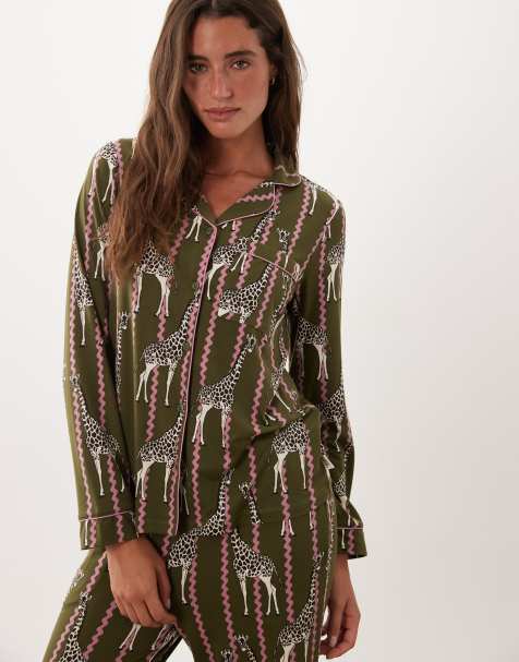 Chelsea Peers super soft button up pyjama set in green and pink squiggle giraffe print - view 1