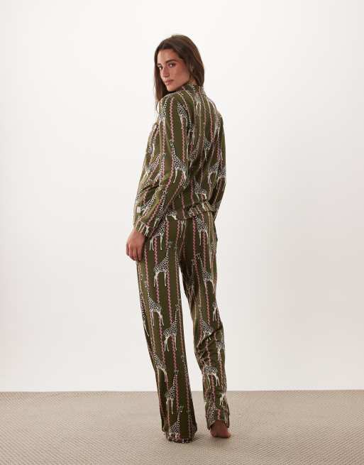 Chelsea Peers super soft button up pyjama set in green and pink squiggle giraffe print, 2 of 4