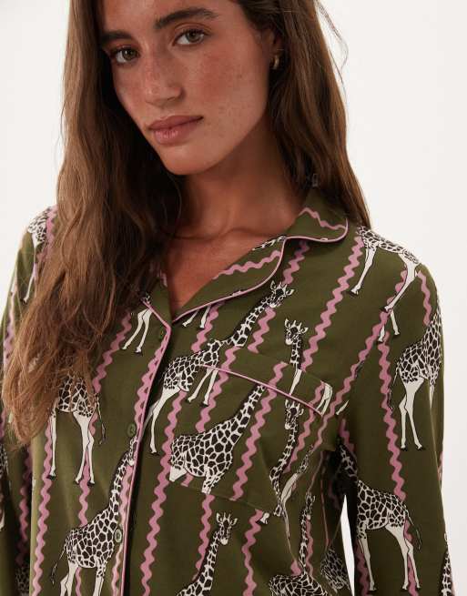 Chelsea Peers super soft button up pyjama set in green and pink squiggle giraffe print, 4 of 4