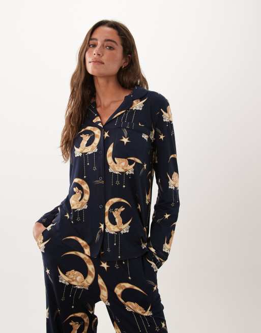 Chelsea Peers super soft button up pyjama set in navy bunny moon print, 2 of 4