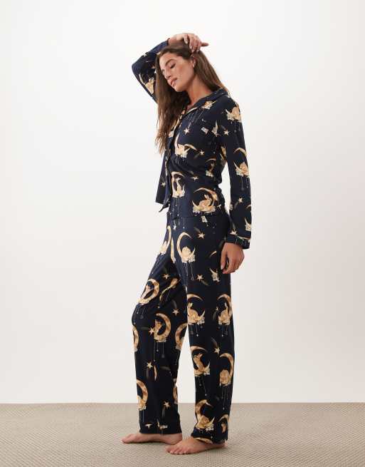Chelsea Peers super soft button up pyjama set in navy bunny moon print, 3 of 4
