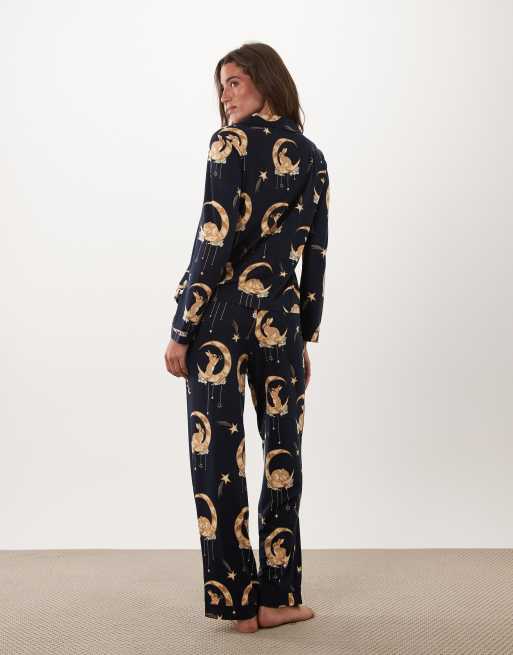 Chelsea Peers super soft button up pyjama set in navy bunny moon print, 4 of 4
