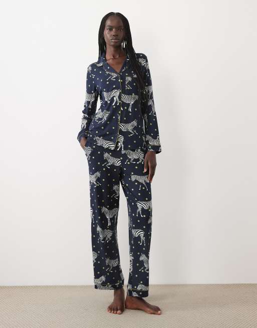Chelsea Peers super soft button up pyjama set in navy polka dot zebra print, 2 of 4