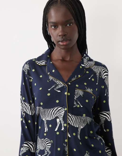 Chelsea Peers super soft button up pyjama set in navy polka dot zebra print, 3 of 4