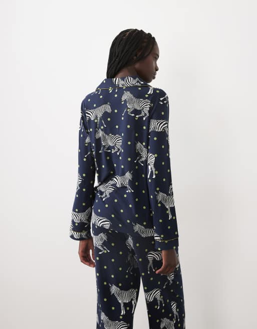 Chelsea Peers super soft button up pyjama set in navy polka dot zebra print, 4 of 4