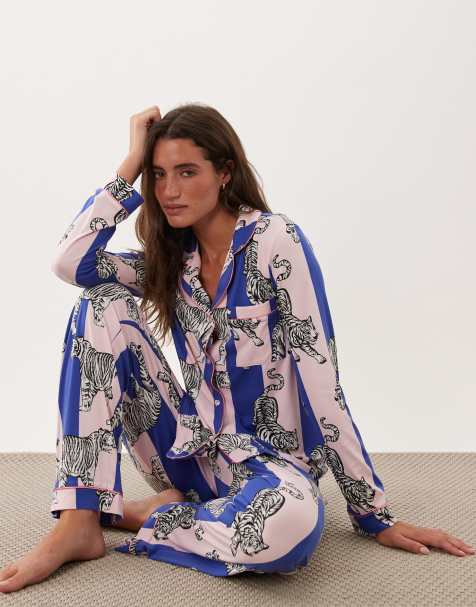 Chelsea Peers super soft button up pyjama set in pink and blue stripe tiger - view 1