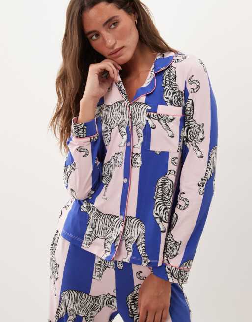 Chelsea Peers super soft button up pyjama set in pink and blue stripe tiger, 3 of 4
