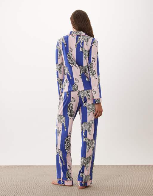 Chelsea Peers super soft button up pyjama set in pink and blue stripe tiger, 4 of 4