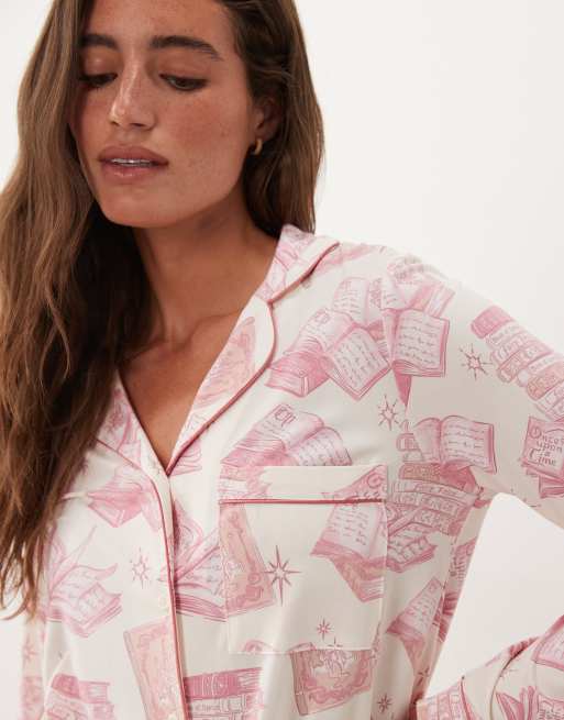 Chelsea Peers super soft button up pyjama set in pink story book print, 2 of 4