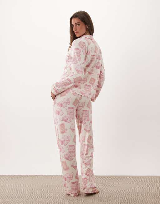 Chelsea Peers super soft button up pyjama set in pink story book print, 3 of 4