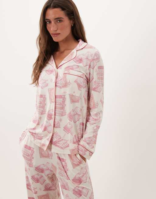 Chelsea Peers super soft button up pyjama set in pink story book print, 4 of 4