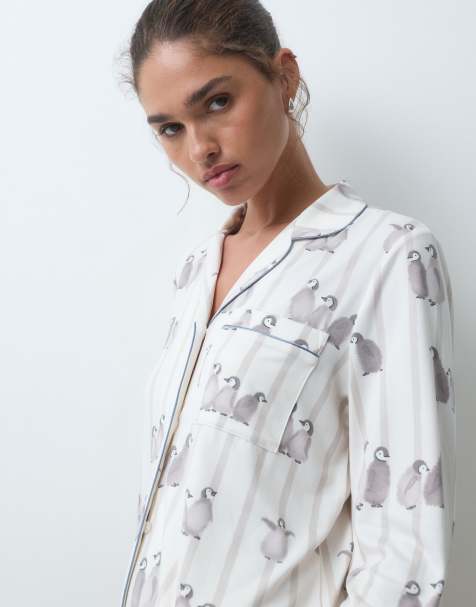 Chelsea Peers super soft button up pyjama set in white penguin print - view 1