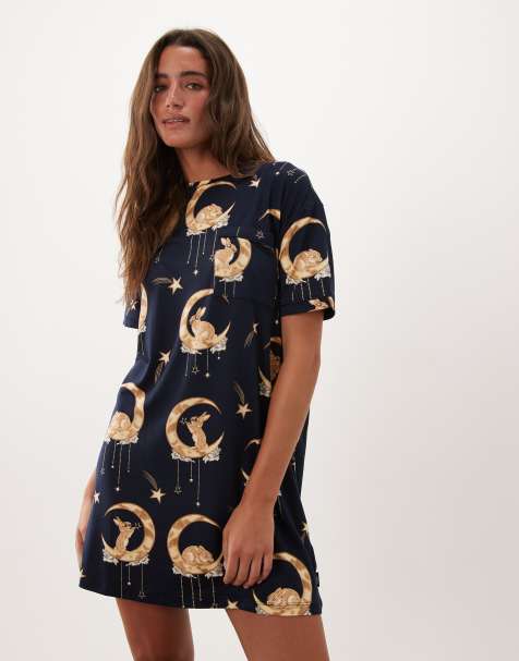 Chelsea Peers super soft oversized t-shirt nightie in navy bunny moon print - view 1
