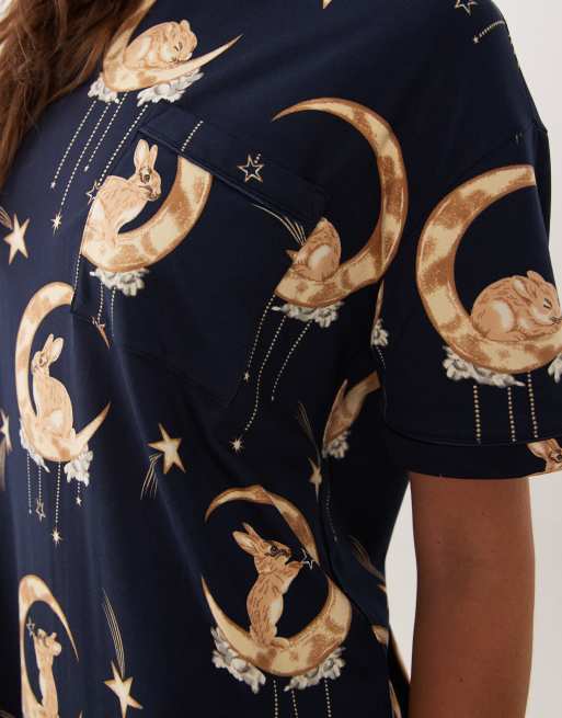 Chelsea Peers super soft oversized t-shirt nightie in navy bunny moon print, 4 of 4