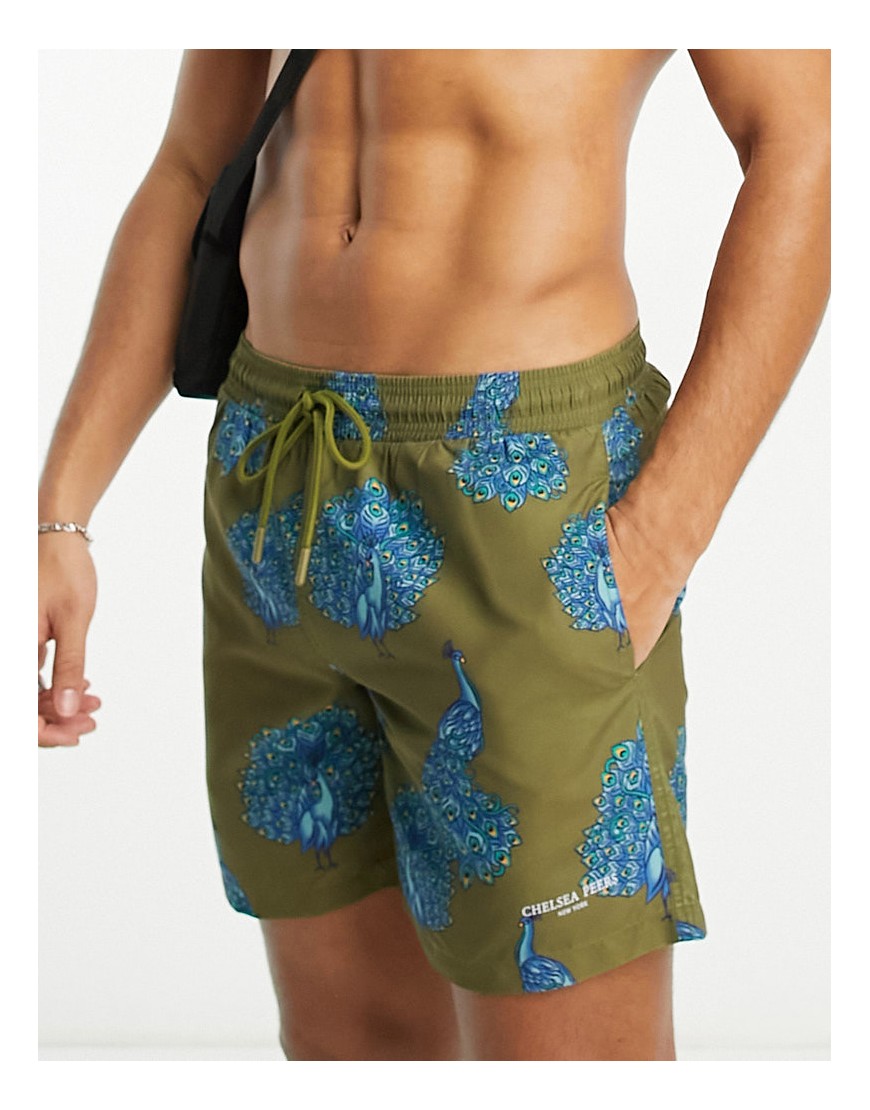 swim short in green and blue peacock print
