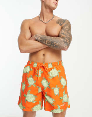 swim shorts in orange turtle print