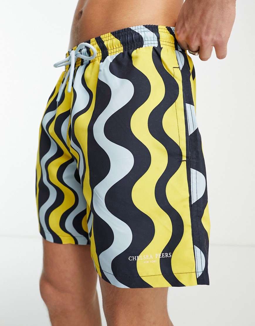 Chelsea Peers swim shorts in yellow and blue wave print