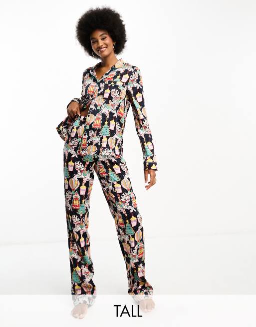 Chelsea Peers Tall Christmas satin long sleeve top and pants pajama set in  multi print