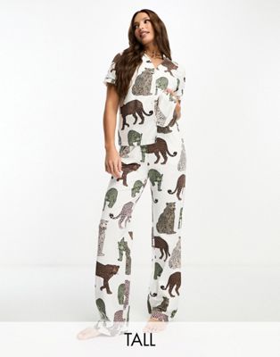 Chelsea Peers Tall cotton tonal leopard print button short sleeve top and trouser pyjama set in off white