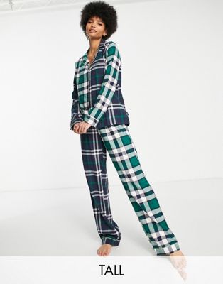 Chelsea Peers Tall cotton revere top and trouser pyjama set in contrast check print - NAVY - ASOS Price Checker