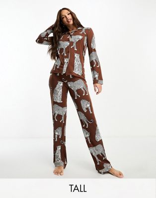 Chelsea Peers Tall Exclusive leopard print jersey button top and trouser pyjama set in brown - ASOS Price Checker