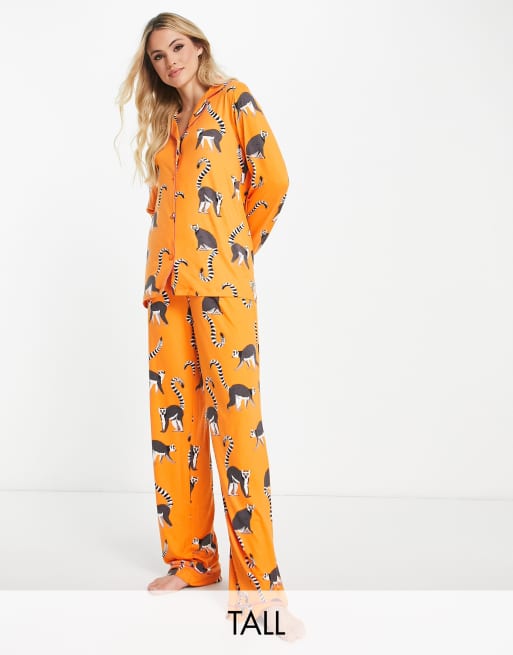 Chelsea Peers Tall jersey lemur print button top and pants pyjama set in orange