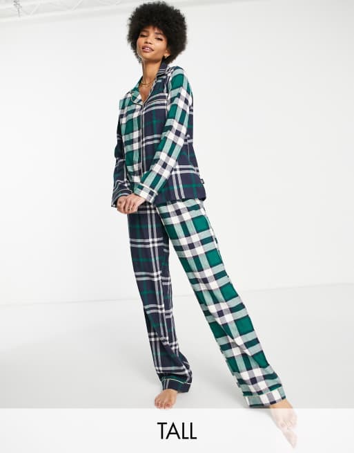 Chelsea Peers Tall - Katoenen rever top en broek pyjamaset in contrasterende ruitprint - NAVY