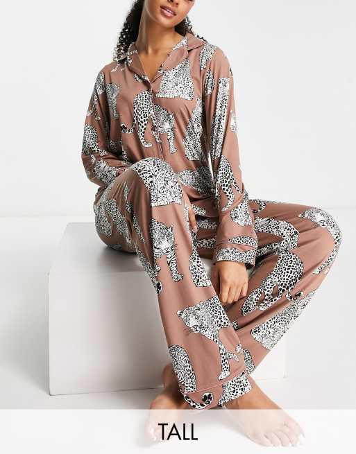 Chelsea Peers Tall leopard print jersey button top and pants pyjama set in brown