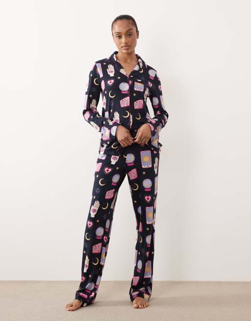 Chelsea Peers Tall long sleeve pyjama set in navy tarot card print, 3 of 4