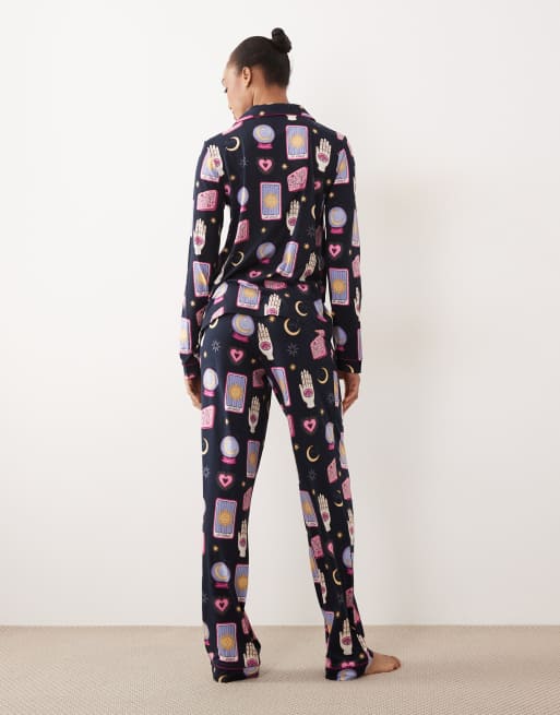 Chelsea Peers Tall long sleeve pyjama set in navy tarot card print, 4 of 4