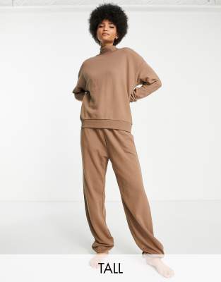 Chelsea Peers Tall oversized sweatshirt and sweatpants set with woven logo  tab in taupe