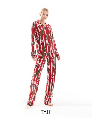 Chelsea Peers Tall poly Christmas His & Hers long sleeve revere and trouser pyjama set in vintage santa stripe print-Multi φωτογραφία